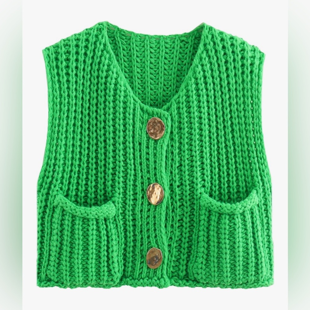 Green Knit Button-Front Vest